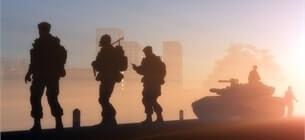 shadows of soldiers standing against a sunset background with a tank in the background