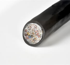 view of a custom hybrid cable in black tubing on a white background.