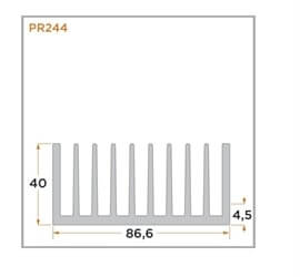 view of a diagram displaying the dimensions of a PR244 flatback ridged heat sink.