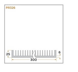 view of a diagram displaying the dimensions of a PR326 flatback ridged heat sink.