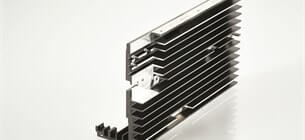 view of a for forced convection heat sink standing upright on a white background