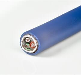 view of a custom video cable with blue tubing.