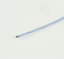 view of micro-miniature coaxial cable in blue tubing.